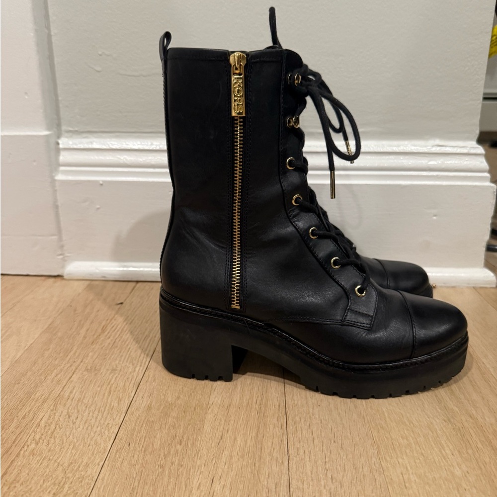 Michael Kors Black Leather Lace-Up Boots - Picture 6 of 8